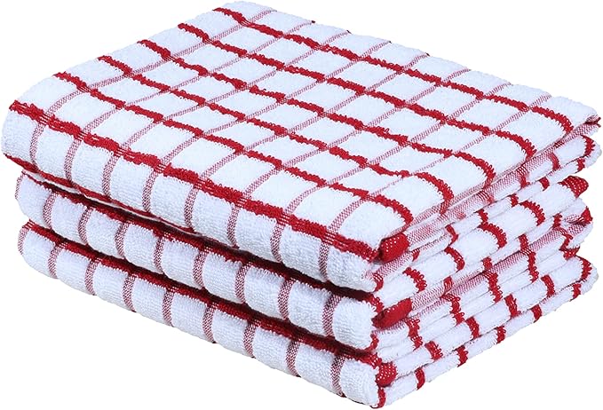 Urban Villa Kitchen Towels Red/White Set of 3 Terry Kitchen Towels 100% Cotton Ultra Soft Size 20X30 Inches Highly Absorbent Over Sized KitchenTowels with Hanging Loop KitchenTowels