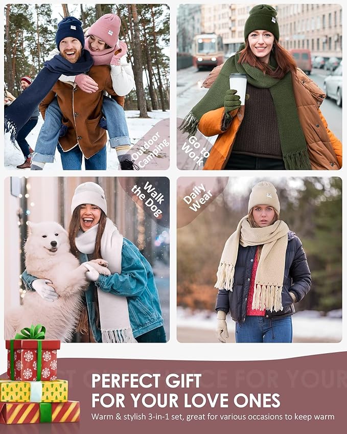 Womens Satin Lined Beanie Scarf Gloves Set, Silk Lined Winter Hats Knit Scarf Gloves, Gift Set Stocking Stuffers For Women