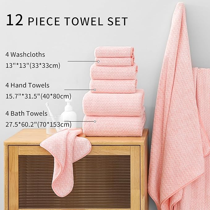 Ultra Soft Bath Towel Set,12 Piece (4 Bath Towels,4 Hand Towels,4 Washcloths) Family Bathroom Towel Set with Hanging Loops,Quick Dry Extra Absorbent Fluffy Shower Towel for Bathroom,Hotel,Spa-Pink