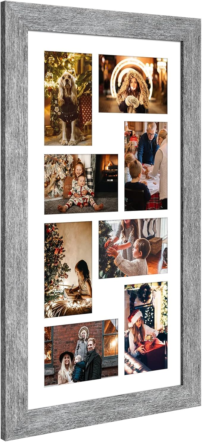 11.8x21.8 Picture Frame Display 8 opening 4X6 Picture Frame Collage,Multi Photo Frame with Mat,Plexiglass,Wall or Tabletop Decor,Grey Wood Grain