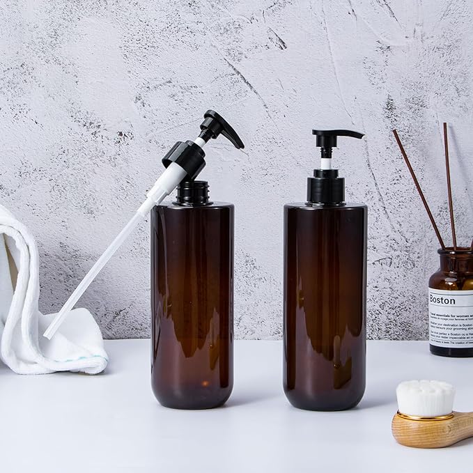 Yebeauty Shampoo Conditioner Body Wash Dispenser, 2 Pack 17oz Empty Bottle with Pump Clear-Amber Hand Soap Container Resuable Bathroom Countertop Soap Dispensers for Hand Dish Soap Kitchen Accessories