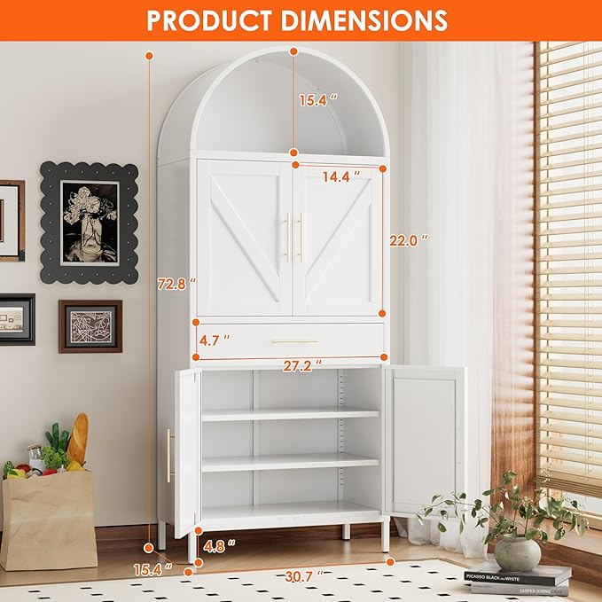 Metal Arched Kitchen Pantry Cabinet with Adjustable Shelves and Drawer,Farmhouse Pantry Cabinet with 2 Doors for Kitchen,Dining Room, Assembly Required,White