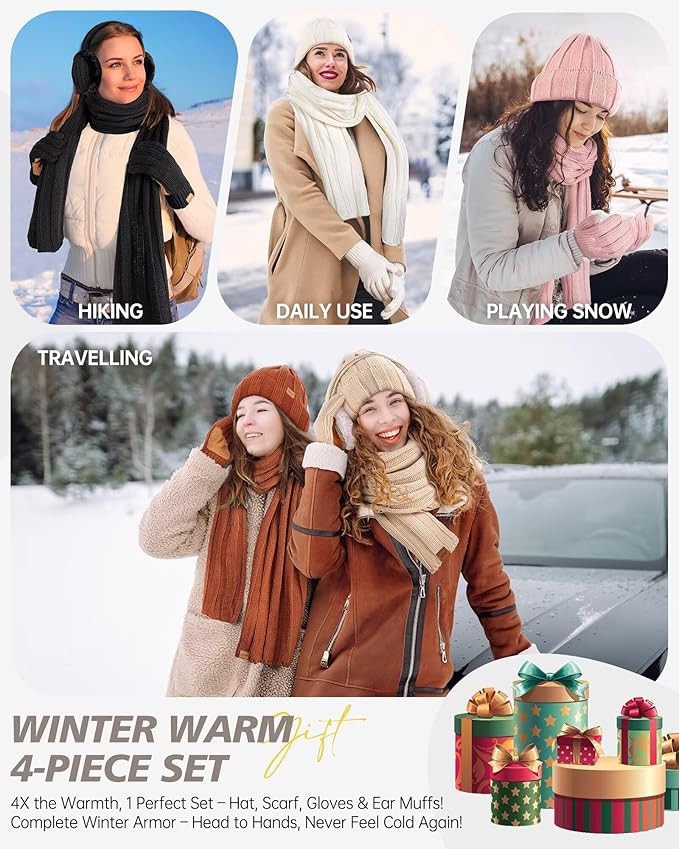 Winter Hat Gloves Scarf Earmuffs Set for Women, Fleece Lined Beanie Long Scarf Touchscreen Gloves Ear Warmer, 4 in 1 Gift Set