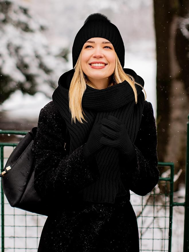 LOROME Women Winter Beanie Hat Scarf Gloves Set, Fleece Knitted Pompom Hat Warm Neck Scarf Touchscreen Gloves Winter Gift