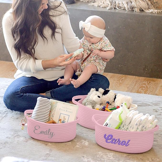 HUTARIO Personalized Woven Christmas Burr Basket Embroidered Name with Gift Bags and Ribbons,Empty Small Rope Basket，Durable Storage Custom Pink Basket with Handles for Baby Showers,12"×8"×5"