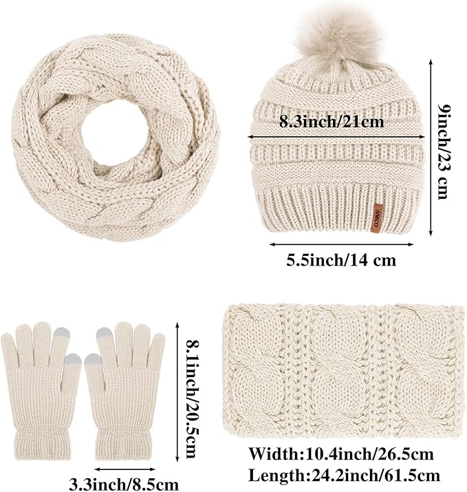 Aneco Womens Winter Warm Sets Knitted Fur Pompoms Beanie Hat Circle Loop Scarf Touch Screen Gloves Winter Favor Accessories