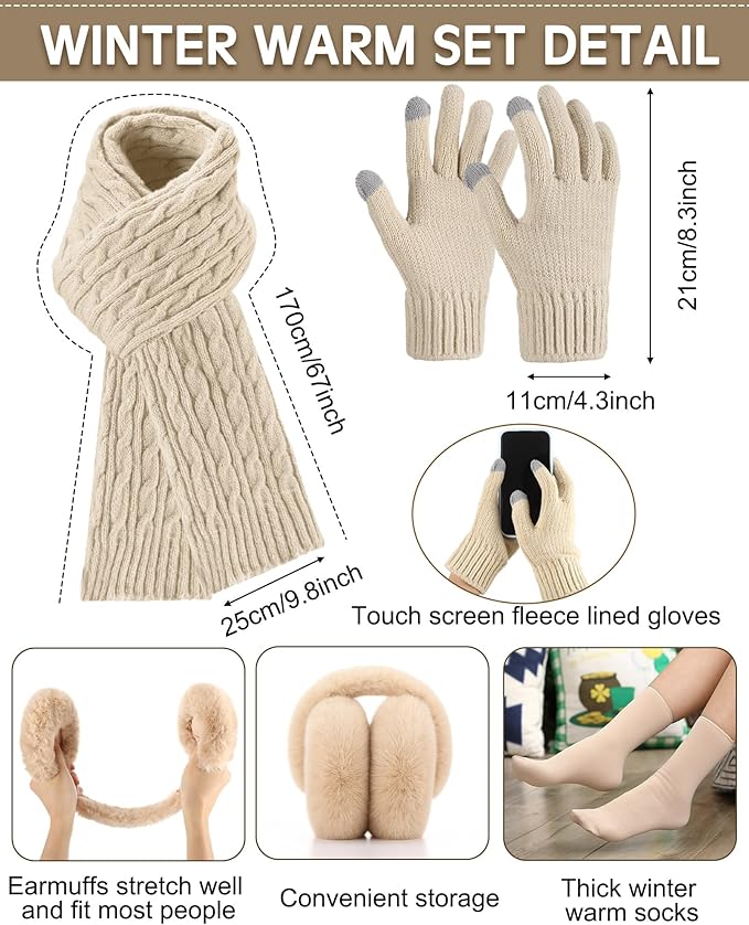 Geyoga 6 Pcs Winter Warm Fleece Knit Hat Long Scarf Touchscreen Gloves Ear Muffs Socks Sets, Winter Warm Gifts for Women