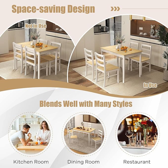 NAFORT Kitchen Table Set for 4, Solid Wood Dining Table and Chairs Set of 4, Farmhouse Dinner Table Set w/Rubber Wood Legs, Mid-Century Modern Dinette Set for Kitchen, Dining Room