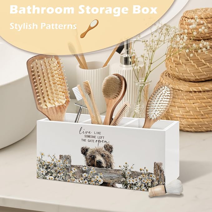Rustic Bear Pen Holder Organizer, Farmhouse Bear Gifts for Women Kids Desk Decor, Live Like Someone Left the Gate Open Wooden Pen Pencil Holders for Vintage Desk Accessories