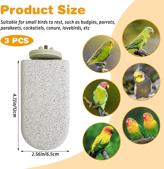 PINVNBY 3 PCS Large Bird Cage Perch Natural Parrot Beak Grinding Stone Calcium Parakeet Chew Toy Bird Stand Platform for Cockatiel Conure Lovebird Finch