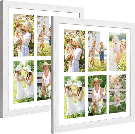 13x13 Collage frame with 6 Openings 4X6 Pictures, Multiple Picture Frame with Mat, Wall or Tabletop Decor, White Wood Grain,2 Pack