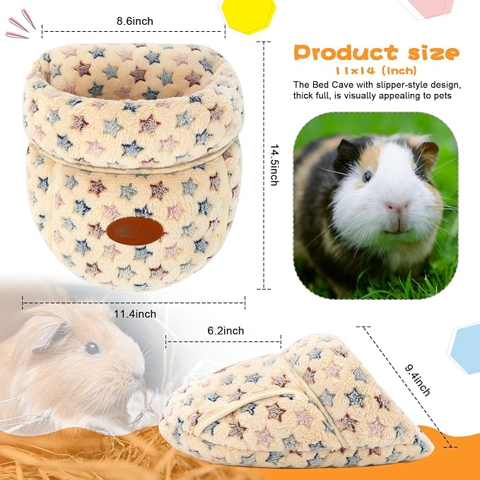 YUEPET Guinea Pig Bed, Warm Fleece Slipper Cuddle Cave, Brown Star | Cozy Guinea Pig House, Portable Guinea Pig Hideout, Thick Coral Fleece, Washable Cushion, Folds Flat for Storage
