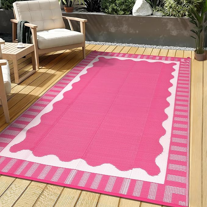 Waterproof Plastic Straw Outdoor Rug 9x18 Patio Reversible UV Resistant Foldable Camping Carpet Scalloped Border Large Outdoor Rugs for Deck, Picnic, Porch, Camper, Balcony, Beach，Rose Pink
