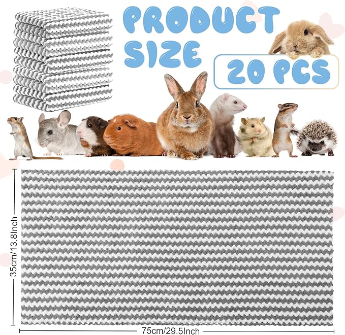 Moukeren 20pcs Guinea Pig Blankets, 14 x 30 Inch, Waffle Style, Light Gray | Washable Reusable Bedding Pads for Small Animals, Soft Absorbent Mats for Guinea Pig, Rabbit, Hamster, Hedgehog & Chinchilla