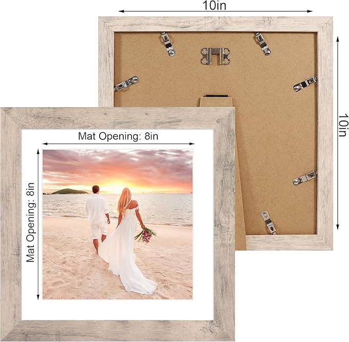 iRahmen 10x10 Picture Frame Set of 4 with High Definition Glass, Smoke Gray Frames Display 8x8 Picture with Mat or 10 x 10 Without Mat, Wood Square Photo Frame for Wall Mount and Tabletop Display
