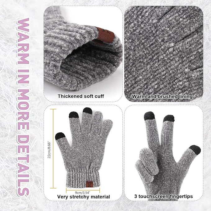 Womens Winter Knit Warm Hat Beanie Long Scarf Touch Screen Gloves Set Skull Caps Neck Scarves for Women
