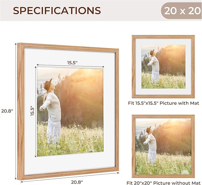 Fun Memories 20x20 Square Picture Frames, Rustic Solid Oak Wood Frame 20 x 20 for Wall, Wooden 20 by 20 Photo Frames with Tempered Real Glass, 20x20 Frame Matted to 16x16, Natural Color, Set of 2