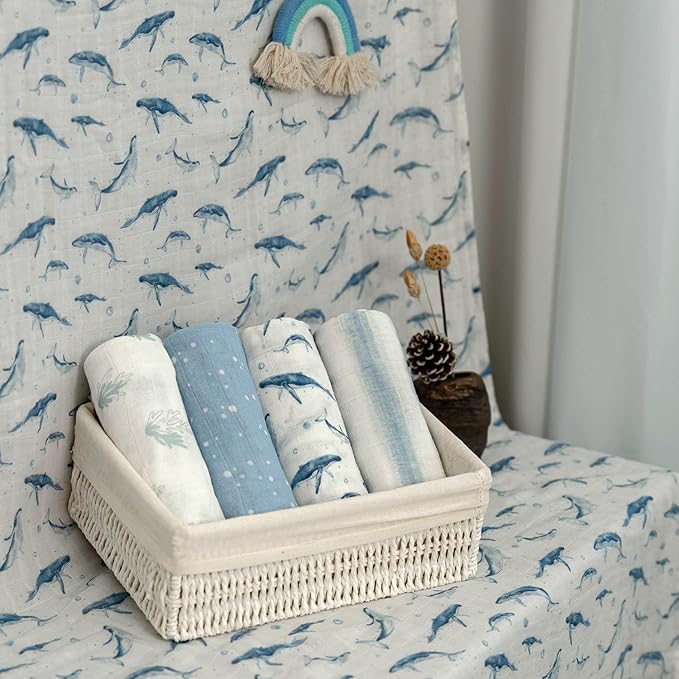 Muslin Swaddle Blankets for Newborn, 4 Pack Organic Cotton Baby Blankets for Boys, Large 31.5 x 43.3 Breathable Soft Receiving Blanket, Essentials Swaddle Wrap Burping Clothes, Blue Whale