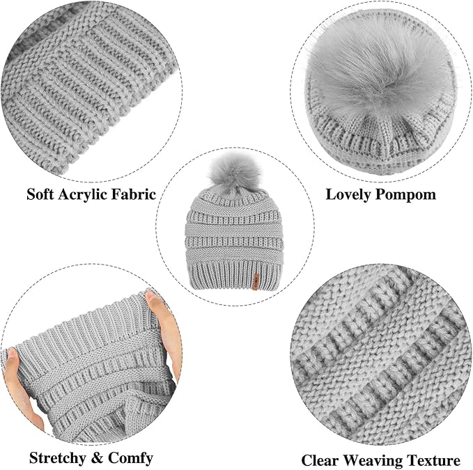 Aneco Womens Winter Warm Sets Knitted Fur Pompoms Beanie Hat Circle Loop Scarf Touch Screen Gloves Winter Favor Accessories