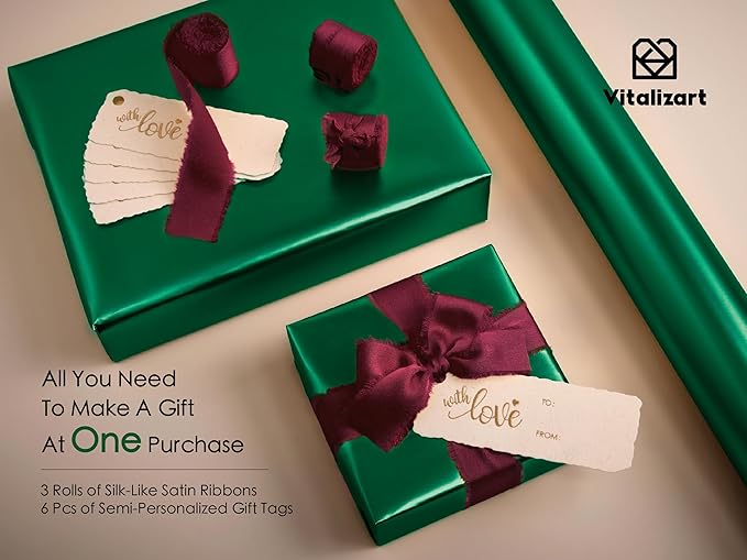 Vitalizart Green Matte Metallic Wrapping Paper Set 17" With Red Silk Like Satin Ribbon & Gift Tags Recyclable Eco-Friendly Christmas Gift Wrapping Birthday Baby Shower Wedding Handmade Crafts 197"(16.4 Ft)