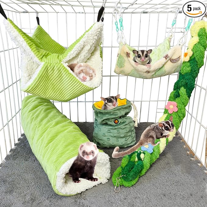 Hamiledyi Ferret Hammock 5 Pack Sugar Glider Climbing Ropes Toys Rat Hanging Tunnel Hammock Swing Squirrel Hideout Bed Cage Accessories for Hamster Mouse Small Animals