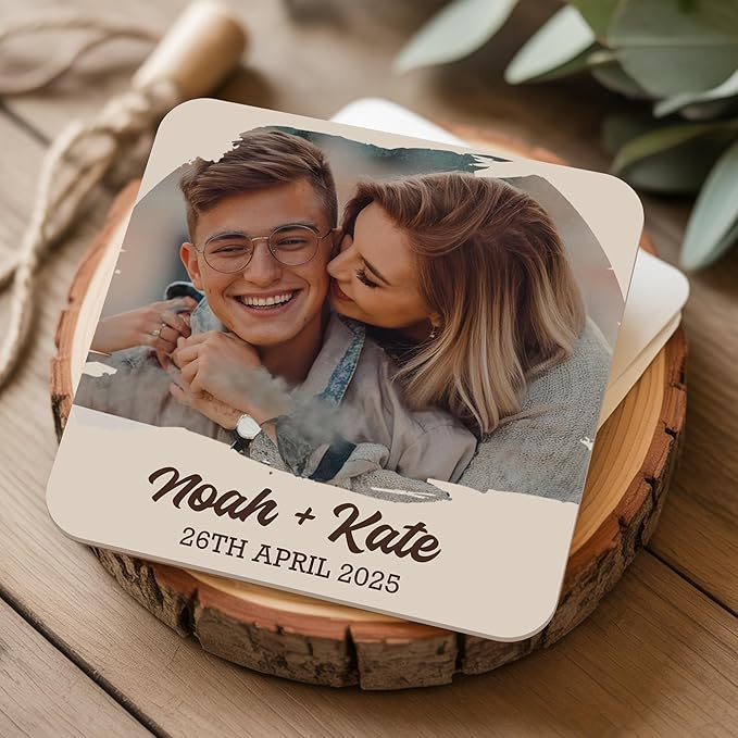 20 Pack Personalized Wedding Coasters, Custom Cardboard Coasters for Drinks with Photo Print and Text, Keepsake Wedding Favors and Gifts for Couples, 4x4 Square, Design 3