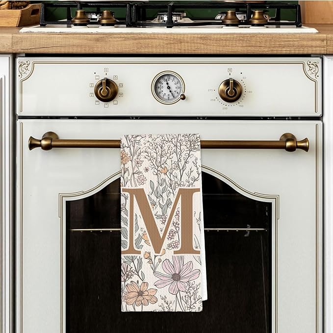 Initial M Personalized Floral Kitchen Towels Dish Towel, Custom Hand Towels for Bathroom, Monogrammed Gifts for Women Mom, Boho Floral Decorative Kitchen Towels Tea Towel, 16x24 Inch