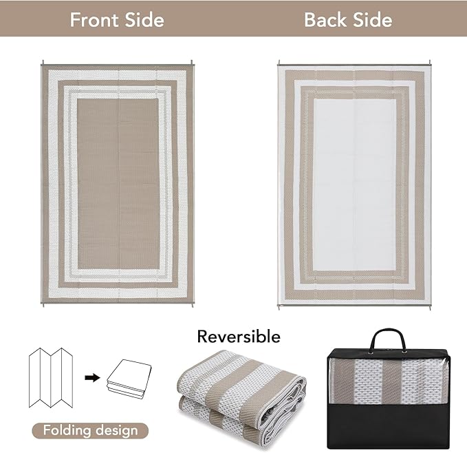 9x12 Outdoor Rug Waterproof Foldable Plastic Straw Carpet for Patio Porch Modern Border Reversible Mat Lightweight Floor Mat for Picnic, Backyard, Beach, Deck, Camper, Balcony，Light Brown