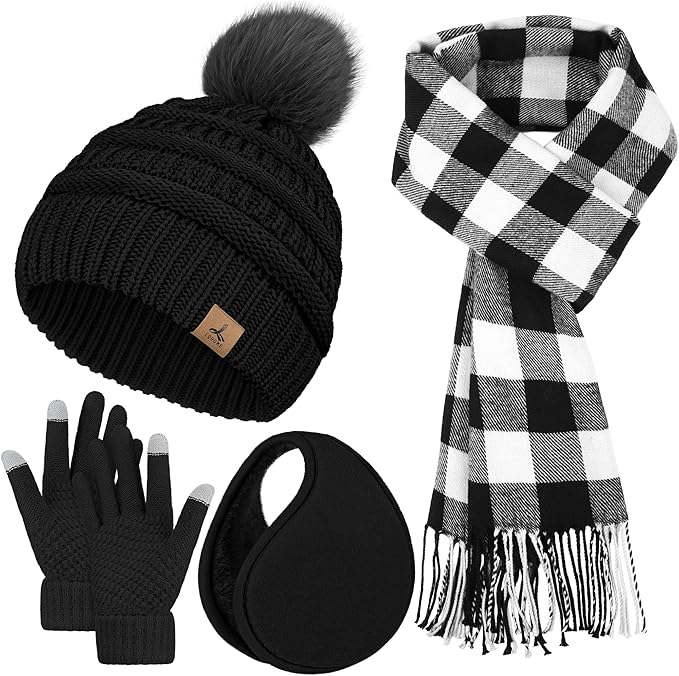Winter Hat Scarf Gloves and Ear Warmer, Knit Warm Beanie Hat Touch Screen Gloves Long Knitted Plaid Scarf Set Gifts for Women