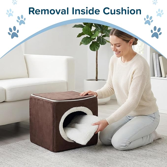 Cat House - Indoor Bed with Removable Foam Cushion - Cat Cave for Puppies, Rabbits, Guinea Pigs, and Other Small Animals by PETMAKER (Dark Brown) 13x13.5x12"