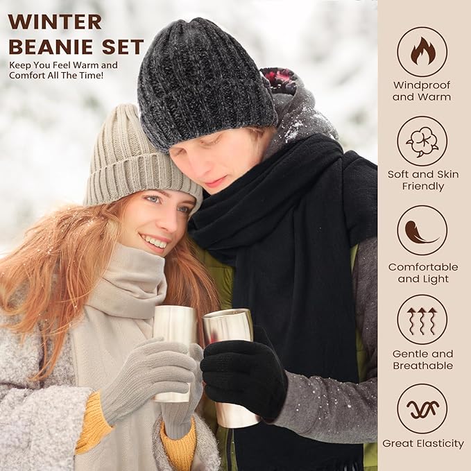 Women Winter Hat Beanie+Long Scarf+Touch Screen Gloves Set, Warm Clothes Set with Knit Fleece Lined for Women/Men Winter