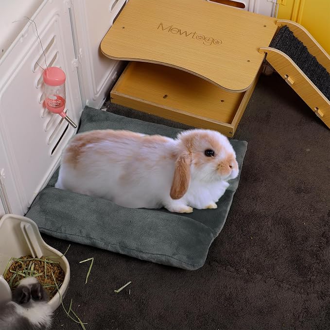 MEWTOGO 14" x 13" Bunny Bed for Rabbit Cage, Thickened & Soft | Prevent Sore Hocks Plush Mat with Cotton Lounger Pillows, Small Animal Flop Mat for Hutch Sleeping Indoor, Gray