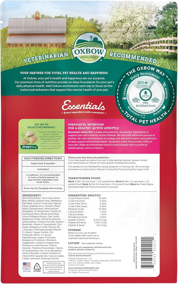 Oxbow Essentials Rat Food, Pet Food for Adult Rats, All-Natural Vitamin & Mineral Rich Formula, Veterinarian Recommended, Oxbow, Rodent Pellets, Made in USA, No Artificials, 3 lb. Bag | Uniform Rat Food Pellets, Veterinarian Recommended, Vitamins And M...