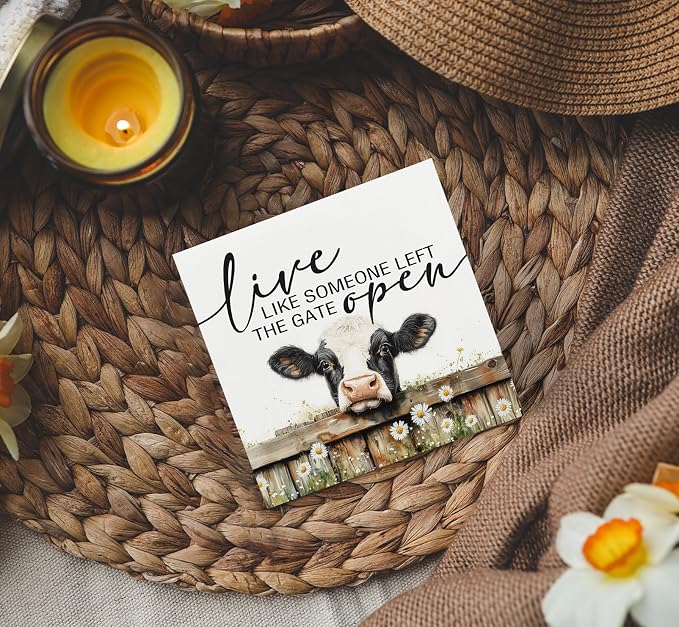 Live like Someone Left the Gate Open Cow Sign, Farm House Cottagecore Cow Wooden Signs, Rustic Farmhouse Wood Sign Home Decor, Farm Cow Decor For Office Bedroom Kitchen