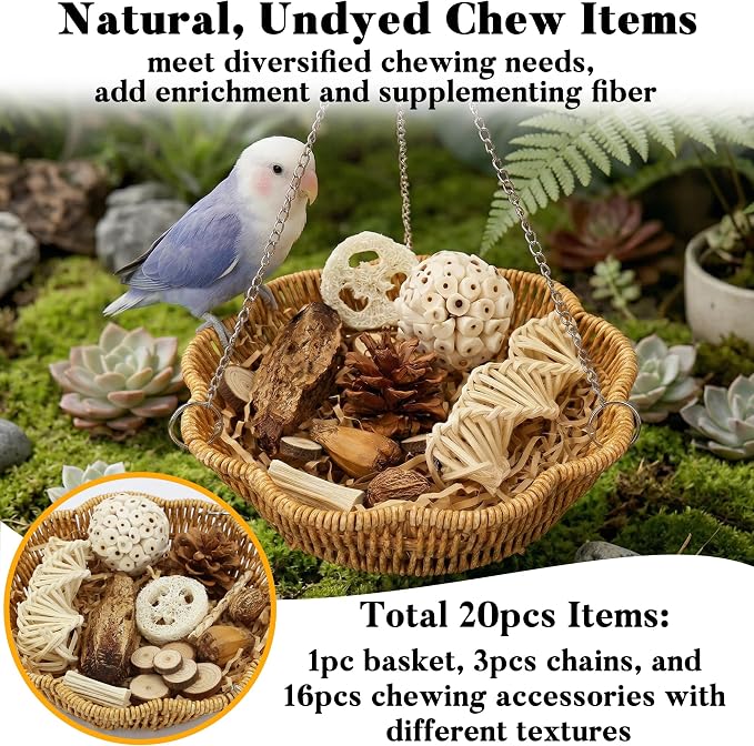 20Pcs Bird Foraging Toy Set with Hanging Basket, Natural Shredding | Chew Enrichment Toys for Parrots Cockatiels, Budgies, Parakeets, Cage or Floor Puzzle Foraging Toys for Mental Stimulation
