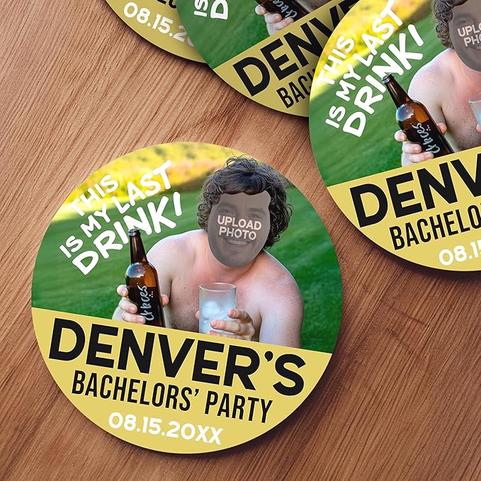 100 Pack Personalized Bachelor Party Coasters, Custom Cardboard Drink Coasters with Photo Print and Text, Fun Bachelor Party Favors and Gifts, 3.95" Round, Design 5
