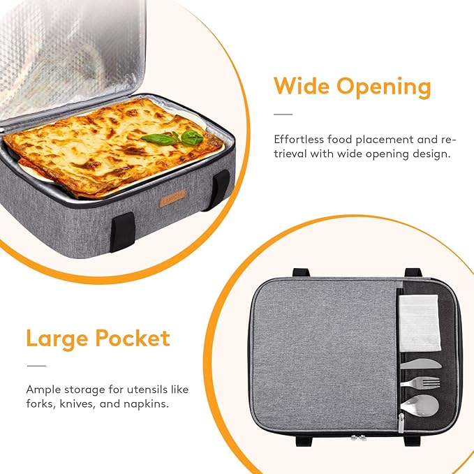 LUNCIA Insulated Single Decker Casserole Carrier, Lasagna Lugger Tote Keeps Food Hot or Cold, Thermal Lunch Bag for Potluck Parties, Picnic and Cookouts, Fits 9" x 13" Baking Dish, Grey