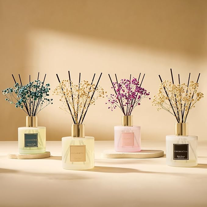 COCORRÍNA Reed Diffuser - Cashmere Vanilla 17 Fl.oz Reed Diffuser with 8 Sticks Scented Diffuser with Preserved Flowers for Bathroom Home Decor