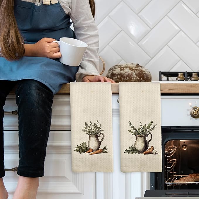 Vintage Country Kitchen Herbs Kitchen Towels Set of 2,Farmhouse Kitchen Decor Hand Towel, Carrot Ginger Garlic Still Life Food Decorative Tea Towel Dish Towels 16x24 Inch