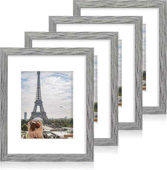 11x14 Picture Frame Set of 4, Made of Real Glass and Grey Wooden Frame, Display 8x10 Pictures with Mat or 11 x 14 Posters without Mat for Wall Mounting, Gallery Photo Frames