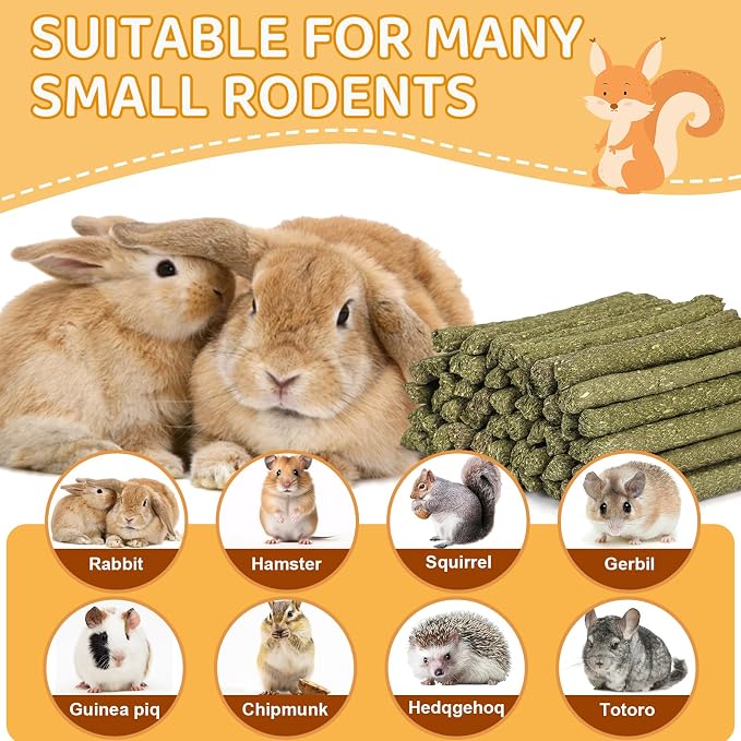 52Pcs Rabbit Chew Sticks, Guinea Pig Toys, Natural Timothy Hay Teeth Stick | Timothy Grass Molar Teeth Stick, Guinea Pig Timothy Hay, Chew Toys for Bunny, Rabbits, Hamsters, Small Animals Treats