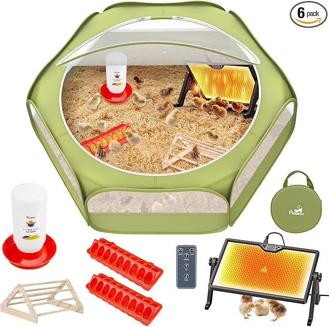 Pawaboo 6-in-1 Chicken Brooder Box for Chick Starter Kit | Includes Pet Cage Tent, Brooders Heating Plate, Chicks Perch, Feeder and 1.1L Chick Waterer, Chicks Supplies