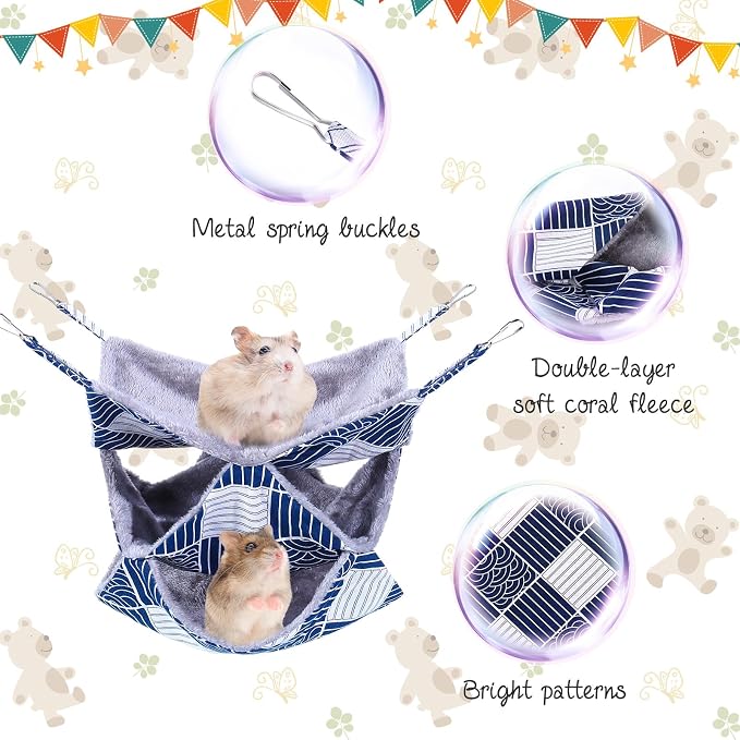 3 Tier Ferret Rat Hammock, Guinea Pig Cage Accessories, Blue Check | Rat Hammock for Cage, Pet Cage Hanging Hammock, Small Animals, Guinea Pig, Ferret, Kitten, Squirrel, Chinchilla, Rat, Parrot