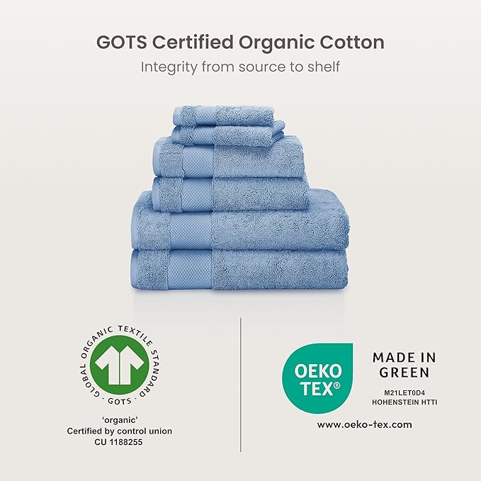 BIOWEAVES 100% Organic Cotton 700 GSM Plush 6-Piece Towel Set GOTS Certified, 2 Bath Towels, 2 Hand Towels & 2 Washcloths - Cerulean Blue