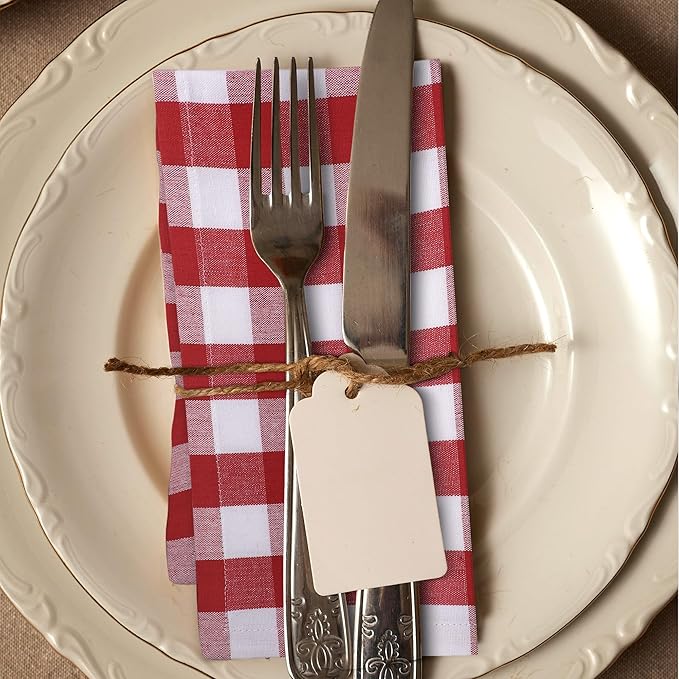 Urban Villa Cloth Napkins 100% Cotton Dinner Napkins Highly Absorbent 20x20 Inches (Set of 12) Red White Buffalo Checks Reusable Washable Soft Durable Premium Napkins Ideal for Home Wedding Parties