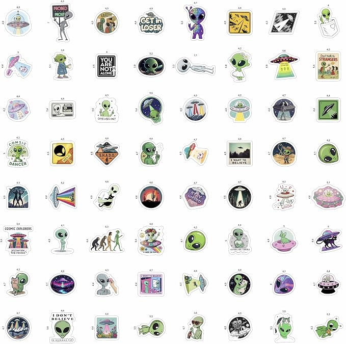 100Pcs UFO Stickers for Water Bottle, Laptop – Alien Stickers and Decals – UFO Gifts - Alien Party Supplies & Decorations - Gifts for Men & Women