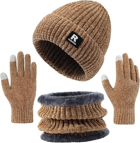 Winter Beanie Hat Circle Scarf Gloves Set for Men Women, Thick Warm Chenille Skull Cap Touchscreen Gloves Neck Warmer