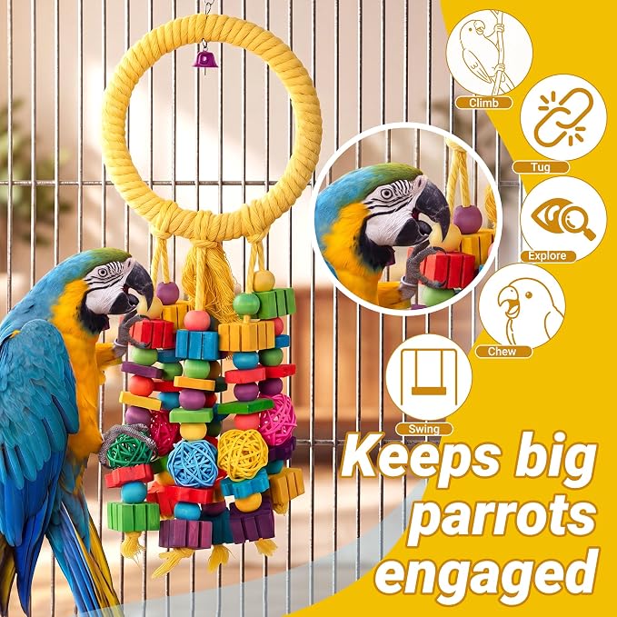 Parrot Chew Toys for Medium & Large Birds (Such as Macaws, African Grey Parrots, and Various Amazon Parrots). The Colorful, Natural Wooden Cage Parrot Toys for Large Birds.