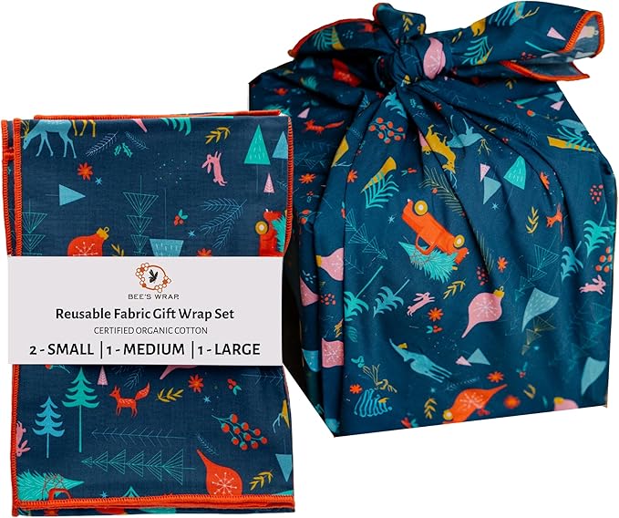 Bee's Wrap Reusable Organic Cotton Fabric Wrapping Paper, Eco Friendly Furoshiki Gift Wrap, Set of 4 Fabric Wraps, Winter Wonderland