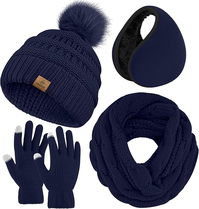 URATOT 4-In-1 Winter Warm Sets Knitted Scarf Touch Screen Gloves Beanie Pompom Hat and Winter Ear Warmer for Men or Women